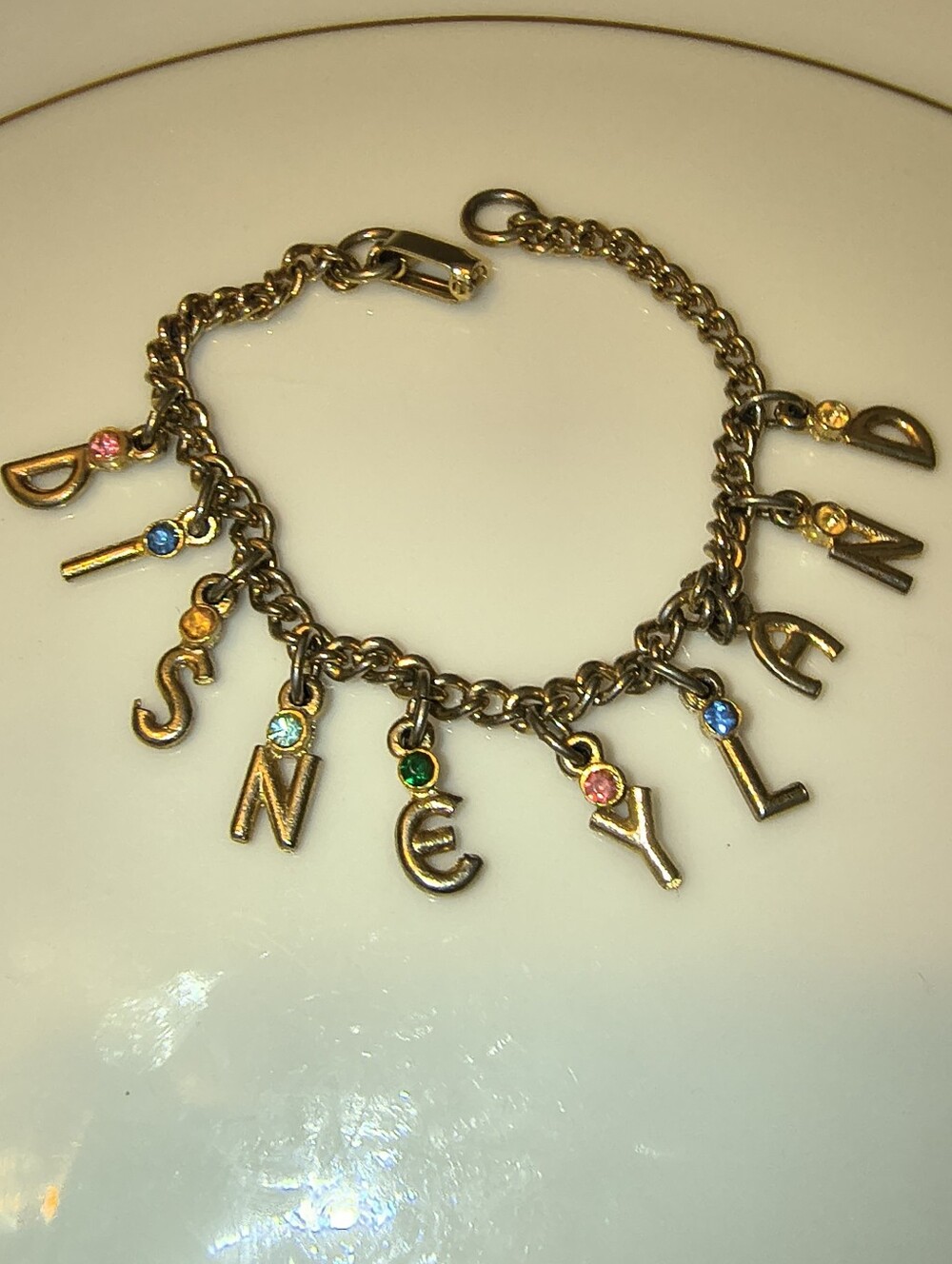 Vtg 50s Little Miss Disneyland Early Disney Charm Bracelet Rhinestone Gold Tone